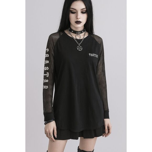 TRAPSTAR Black Mesh Sleeve Gothic Emo Shirt Tee Top Women's Size Small - Picture 1 of 12